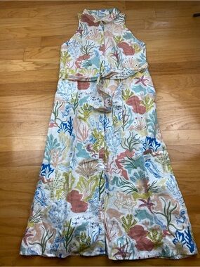 Spartina 449 Dress Women L White Emeline Seafoam Coral Linen Summer Lined Beach